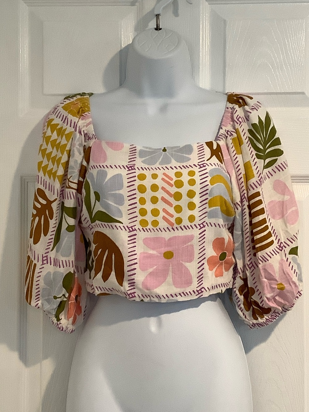 PAPER HEART Linen Blend Pastel Twee Cropped Block Print Puff Sleeve Top XS